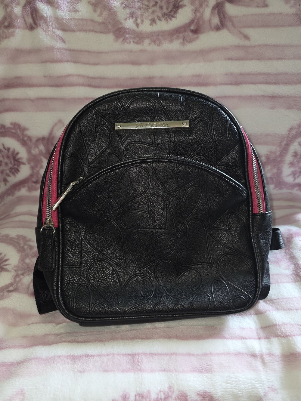 Betsey Johnson Black Heart-Embossed Backpack with Pink Trim